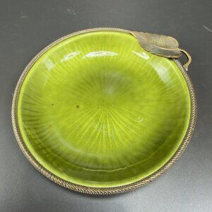 Evans Hand Enameled Copper Metal Green Dish Brass Trim Leave 4.5inch Plate Dish